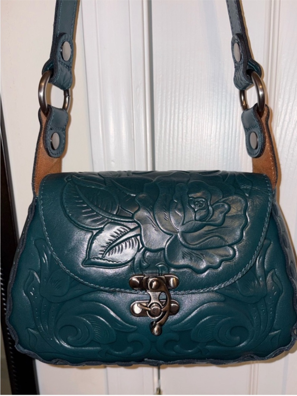 Patricia Nash Teal Embossed Floral Leather Crossbody Bag NWOT